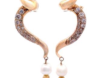 1.50 Carat Diamond Curved Ribbon Pearl Drop Estate Earrings in 14k Yellow Gold (20.20 Grams)