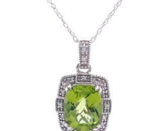 Oval Peridot & Diamond Halo Pendant Necklace in White Gold
