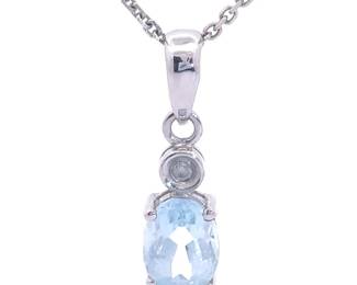 Oval Blue Topaz & Bezel Diamond 2-Stone Drop Pendant Necklace in 14k White Gold