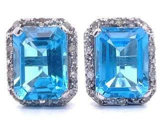 Emerald Cut Blue Topaz & Pavé Diamond Halo Stud Earrings in White Gold