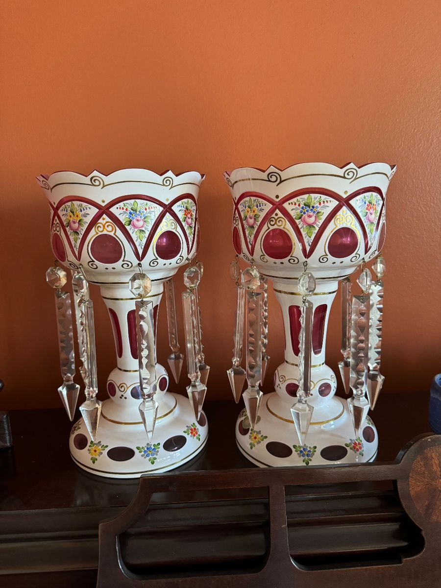 Pair of Cranberry & White Bohemian Mantle Lusters