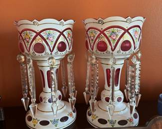 Pair of Cranberry & White Bohemian Mantle Lusters