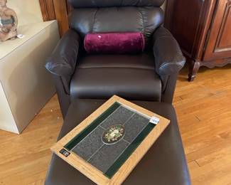 Brown Leather Recliner, Stained Glass Cabinet Co. Panel, Triangular Side Table