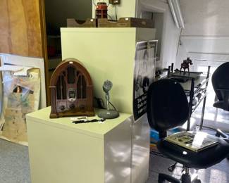 Metal File Cabinets, General Electric Cathedral Radio, 1950's Microphone, Office Chairs, Traffic Guard Lantern, Wood Trays
