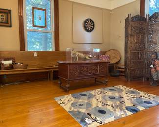 Carved African Wooden Figure,Taxidermied Iguana, Church Pew, Momeni Koi Ostwald Blue Area Rug, Carved Wooden Room Divider, Taverner Dartboard