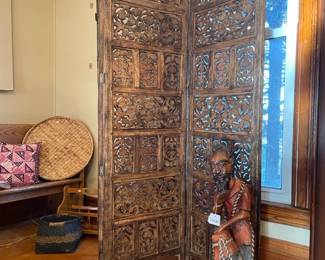 Carved African Wooden Figure, Carved Wooden Room Divider