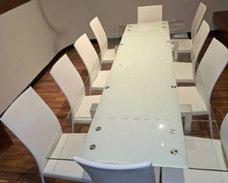 White Glass Table W/ 10 Chairs