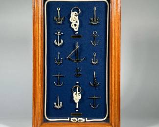 MINIATURE MODEL BOAT ANCHORS | Shadowbox framed display of miniature model ship's anchors on a blue felt ground with rope border, a great gift for the passionate sailor!