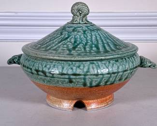 ART POTTERY SOUP TUREEN | Green glazed tureen signed on bottom. -  h. 7 x dia. 9 in
