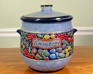 Colorful Rumtopf Pot | Lidded Rumtopf jar with fruit decoration and gilt highlights. - h. 10 x dia. 10 in
