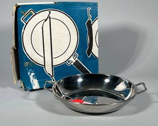 VINTAGE N.I.B. CUISINART PAN | La Marque de la Maison: Cuisinarts Cookware Made in France, double handled stainless steel pan. - w. 13 in (incl. handles)
