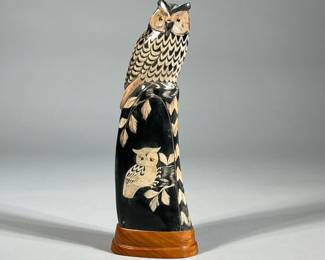 CARVED HORN OWL | Mounted animal horn with owl figurine carved onto top. - h. 110 x w. 2.5 x l. 4 in