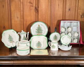 Spode Christmas Dish Set | Includes: 8 teacups and saucers, 8 dinner plates, 8 small plates, various large serving dishes, coffee and teapot and one large mug. - h. 9 x w. 4.5 x l. 8 in (coffee pot)
