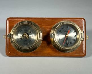 PLASTIMO SHIP'S CLOCK & BAROMETER | Brass case on a wood board. - h. 6 x w. 12.5 x d. 2.5 in