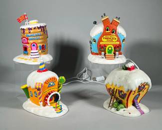 (4pc) DEPARTMENT 56 DR. SEUSS CHRISTMAS VILLAGE | Illuminating Grinch-themed / Dr. Seuss Christmas scene village houses, each lights up, with wires included - h. 8.5 x w. 7.5 x d. 8.5 in (largest)