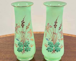 PAIR PAINTED GREEN GLASS VASES | With gilt rims and leafy decoration. - h. 9 in