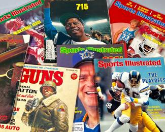 (9pc) VINTAGE SPORTS ILLUSTRATED & OTHER MAGAZINES | Including Sports Illustrated issues from: April 15, 1974; Dec 1, 1975; Nov 28, 1977; Dec 5, 1977; May 17, 1982; Jan 17, 1983; Guns Magazine Dec. 1986 Issue, Marlin Sporting Firearms magazine from 1973, and Daisy BB Rifle Instruction Manual.
