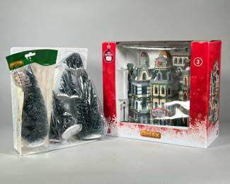 (2pc) LEMAX CHRISTMAS DISPLAY "THE HOLLY JOLLY HOTEL" | Illuminating Christmas winter scene display, plus a set of assorted pine trees / Christmas trees. -  h. 12.25 x w. 13.5 in (Lemax box)
