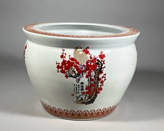 CHERRY BLOSSOM FISHBOWL PLANTER | Large Asian jardiniere or fishbowl planter decorated with cherry blossoms and white crane. -  h. 10 x dia. 14 in
