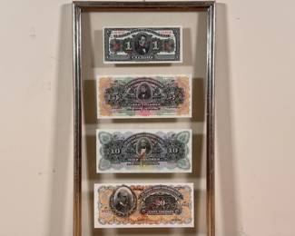 COSTA RICAN CURRENCY | Four Costa Rican bills float-mounted in a frame, including 1, 5, 10, and 10 Colones. - 18-1/2 x 11 in. (frame)