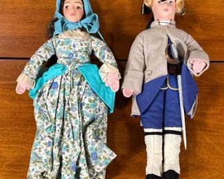 (2pc) VINTAGE MADELINE SAUCIER 15" DOLLS | Including: Canadian soldier doll dressed in officers uniform of the Louis XV period and woman dressed in late 18th century dress. - h. 15 in
