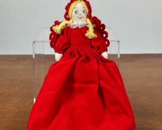 LITTLE RED RIDING HOOD DOLL | Two sided red riding hood doll with reversible skirt and two faced wolf/grandma face. - h. 8 in