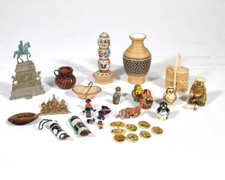 RUSSIAN & ASIAN MINIATURE ITEMS | Including Russian pins, sets of miniature Russian nesting dolls, a miniature woven basket, carved bone-tiered basket, etc. 
