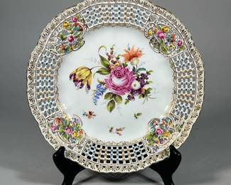 DRESDEN RETICULATED PLATE | Floral spray in the center with a gilt and reticulated rim, marked on the bottom. - dia. 10.25 in 