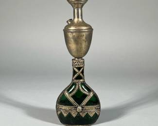 PERSIAN GLASS & BRASS HOOKAH | Hookah base designed as a green glass with hammered brass mounts with a brass upper section. - h. 11.5 in
