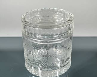 ETCHED GLASS JAR | Small round lidded jar with etched floral design. - h. 4.25 x dia. 4 in
