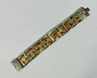 PAINTED MOTHER OF PEARL BRACELET | Mother of pearl bracelet paint decorated with equestrian scenes -  w. 1 x l. 7.25 in