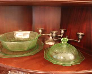 Vintage Anchor Hocking Princess Green Uranium   Sterling Silver Candle Holders 