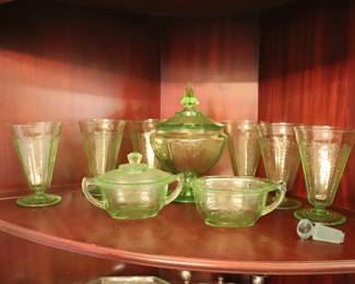 Vintage Anchor Hocking Princess Green Uranium Footed Soda Glasses Compote & Creamer & Sugar 