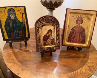 Religious icon paintings
Byzantine icon of St. Patrick.
Greek Byzantine Virgin Mary with Christ Child plaque.
Stork of Cyprus Saint Catherine icon Greek Orthodox.
Steiffel Hollywood Regency lamp on Baker Furniture French Court Side Table.