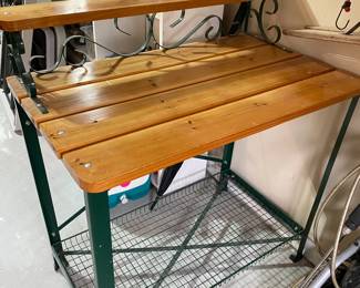 Potting garden table wood/iron metal grate bottom scrolled iron vintage.
