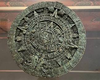 Vintage Aztec Solar Sun Inlay Stones Calendar Plaque Maya Inca Sculpture.