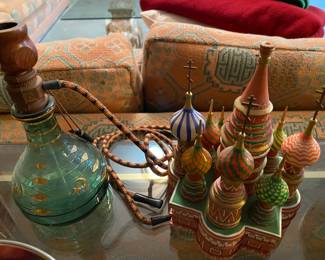 Vintage large wooden figurine Saint Basil Cathedral USSR and green glass painted hookah.