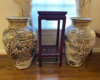 “Fine pair of antique Japanese porcelain vases, Satsuma, late 19th C., both signed near base by artist, Yoshi Fune, one with red seal. Of Baluster form, each intricately painted with figural scenes, one of women, one of men. Each with everted rim with brocade band at neck, to swelled body. Polychrome palette, highlighted with gilt. Each 24” high, 9 ¾” diameter at top.” Appraised value as of 7/21/1990 was $3,500."
