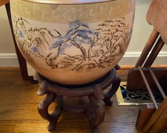 Hand-painted Satsuma style planter on wooden stand.