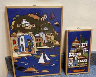 Vintage Angelo Tsakirakis ceramic seaside tile boat art.