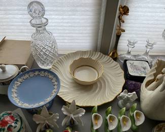 Lenox, Wedgwood, crystal glass decanter and other items.