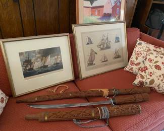 Vintage Handmade Sword Machete Thai Dha Decorative Carved Wood Handle & Scabbard.