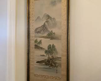 Vintage Japanese ink on silk painting water scene.