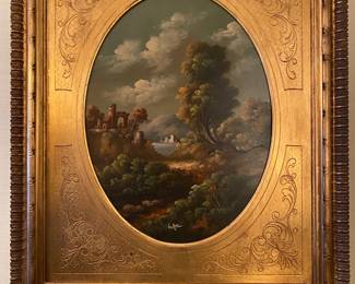 Van Ros original oil painting on board with gilt frame artwork.