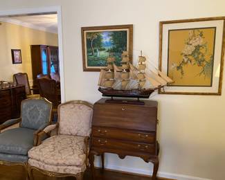 Thomasville Queen Anne secretary desk and Ship Model.