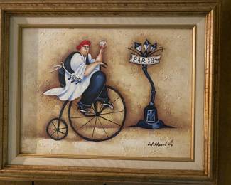 Oil painting, "Paris scene - Chef on Bike," artist W. Harris.