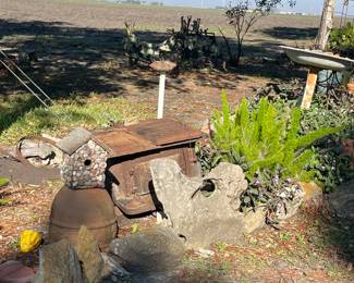 Bird House, Rocks, Cast Iron Stove, Plants for Sale