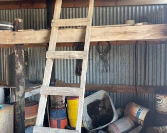 Primitive Wood Ladder, Vintage Oil Cans, Wash Tubs