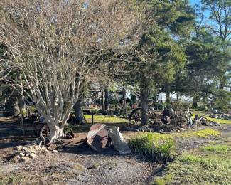 Rocks, Plants, Rustic Yard Art, Iron Wheels