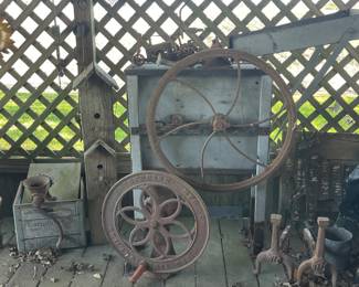 Primitive Corn Sheller, Antique Andirons 